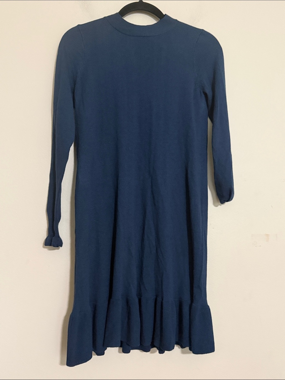 Loft Navy Blue Long Sleeve Ruffle Hem Dress women XS knit wool cozy stretch